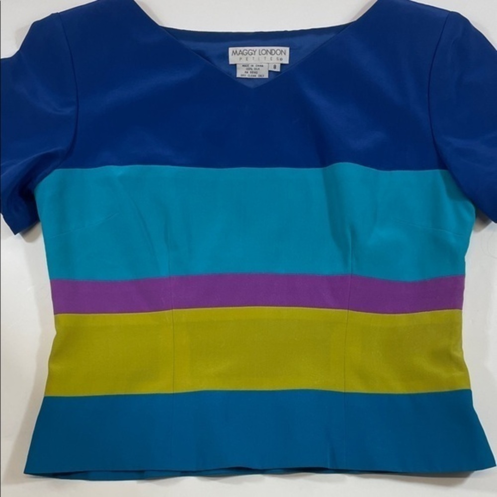 Maggy London Petite Silk Colorblock Top Multi Colored Short Sleeve Women’s Sz 8